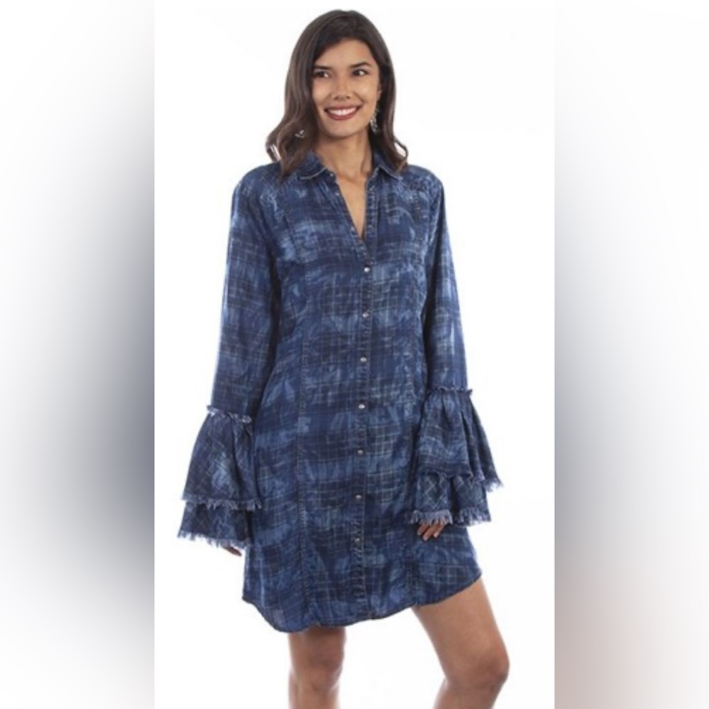 SCULLY Western Rodeo Dress Womens Long Bell Sleeve Pearl Snap Navy Plaid - S